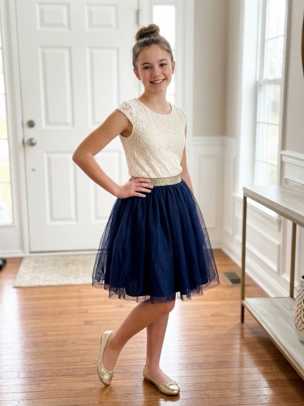 Hanna Andersson Navy Tulle Skirt with Gold Waistband